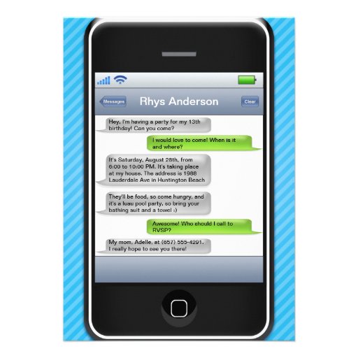 Blue/Black Smart Phone iParty Birthday Party Personalized Invites