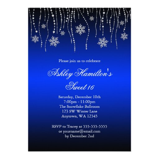Blue Black Snowflakes Sweet 16 Winter Wonderland Personalized Invitation