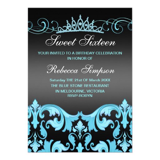Blue/Black Sweet16 Damask & Tiara Birthday Invite