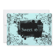 Blue & Black Swirl Sweet Sixteen Party Invitations invitation