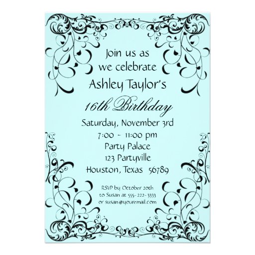 Blue & Black Swirl Sweet Sixteen Party Invitations