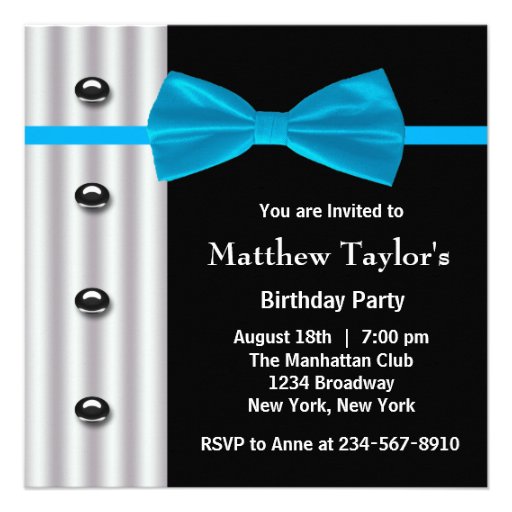 Blue Black Tuxedo Bow Tie Mens Birthday Party Invi Personalized Announcement (front side)