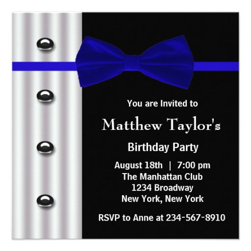 Blue Black Tuxedo Bow Tie Mens Birthday Party Custom Invitation (front side)