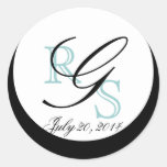 Blue Black Wedding Date Monogram G Labels Round Sticker