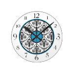 Blue Black & White Damask Elegant Round Clock
