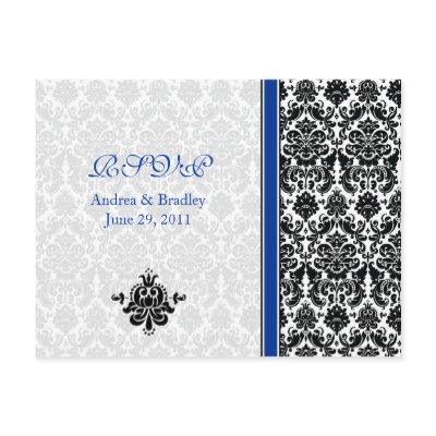 Blue, Black, White Damask RSVP Postcard