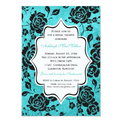 Blue Black White Floral Damask Bridal Shower 5x7 Paper Invitation Card