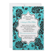 Blue Black White Floral Damask Bridal Shower Announcement