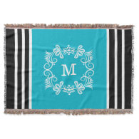 Blue Black White Stripes Custom Monogram Throw