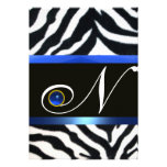 BLUE BLACK WHITE ZEBRA FUR MONOGRAM,Sapphire Personalized Invites