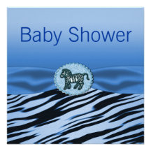 Blue & Black Zebra Glitter Baby Shower Announcement