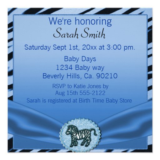 Blue & Black Zebra Glitter Baby Shower Announcement