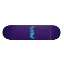 Blue Bling mustache  (Faux Glitter Graphic) Skate Board