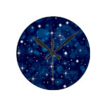 Blue Bokeh Lights with Sparkles Round Wall Clocks