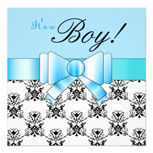 Blue Bow Baby Boy Shower Black and White Damask Personalized Invitation