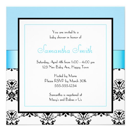 Blue Bow Baby Boy Shower Black and White Damask Personalized Invitation