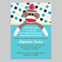 Blue Boy Sock Monkey Baby Shower Invitation invitations