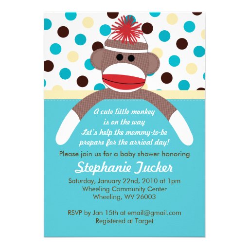 Blue Boy Sock Monkey Baby Shower Invitation