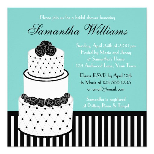 Blue Bridal Shower Black & White Wedding Cake Invite