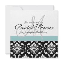 Blue Bridal Shower Monogram Damask Invitation