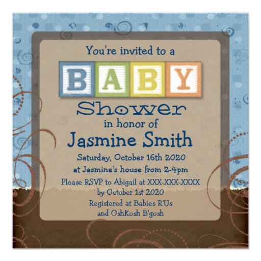 Blue brown baby blocks shower invitations