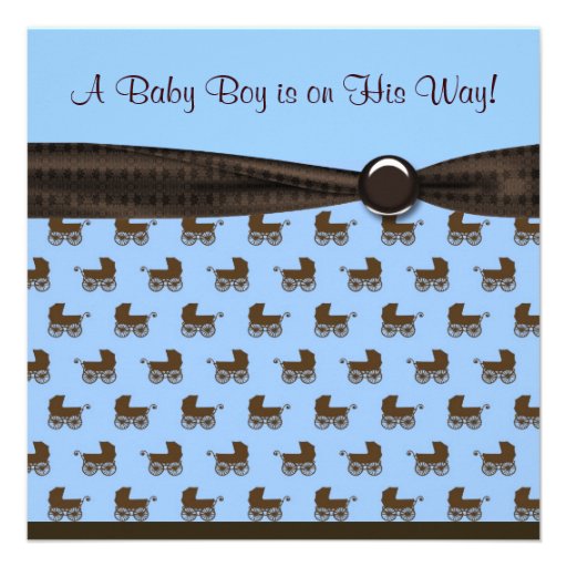 Blue Brown Bow Tie Baby Carriage Boy Shower Invite