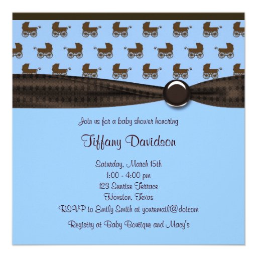 Blue Brown Bow Tie Baby Carriage Boy Shower Invite