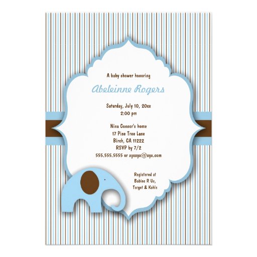 Blue & Brown Boy Elephant Baby Shower Invite