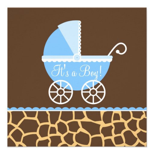 Blue Brown Carriage Giraffe Boy Baby Shower Invites