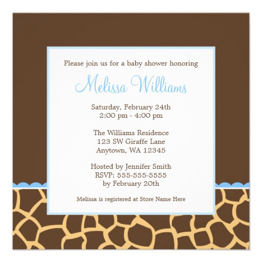 Blue Brown Carriage Giraffe Boy Baby Shower Invites