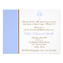 Blue & Brown Cross Baptism Christening Invitation