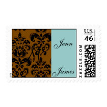 Blue Brown Damask Wedding Monogram Postage