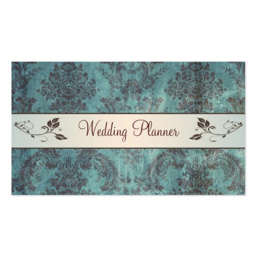 Blue brown damask Wedding Planner Business Card (front side)