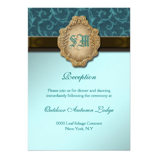 Blue brown gold lace wedding RECEPTION Invites