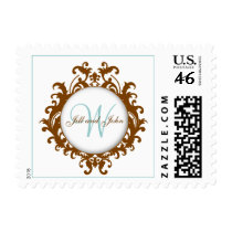 Blue Brown Monogram Names Wedding Postage