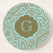 Blue & Brown Paisley Retro Pattern-Monogram Drink Coasters