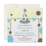 Blue &amp; Brown Polka Dot Party Hat Birthday Custom Invite