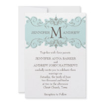 Blue Brown Swirl Monogram Wedding Invitations