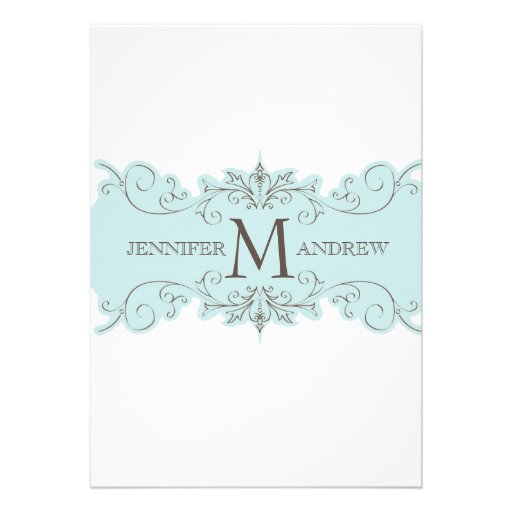 Blue Brown Swirl Monogram Wedding Invitations