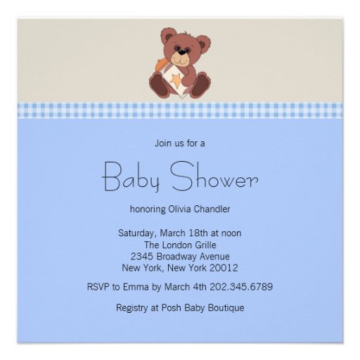 Blue Brown Teddy Bear Baby Boy Shower Personalized Announcements