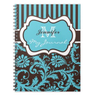 Blue Brown White Striped Damask Journal Notebook