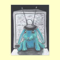 Blue Bunny Rabbit w/ antenna fantasy art postcard postcards