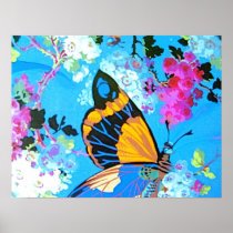 Blue Butterfly and Flower Poster
