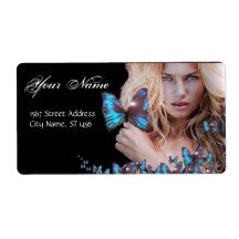 BLUE BUTTERFLY HAIR, BEAUTY SALON , MAKEUP ARTIST PERSONALIZED SHIPPING LABEL