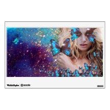 BLUE BUTTERFLY IN TEAL GREEN GOLD SPARKLES ROOM GRAPHICS
