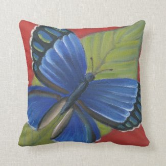 Blue Butterfly on Red Artsy Throw Pillow