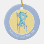 Blue Calico Bear Smiling on Chair Ceramic Ornament