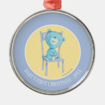 Blue Calico Bear Smiling on Chair Metal Ornament