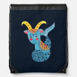 Blue Capricorn Illustration Drawstring Bag Blue Capricorn Illustration Printed on Drawstring Bag by Haidi Shabrina