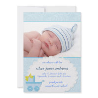 Blue Carriage Baby Boy Photo Birth Announcement invitation